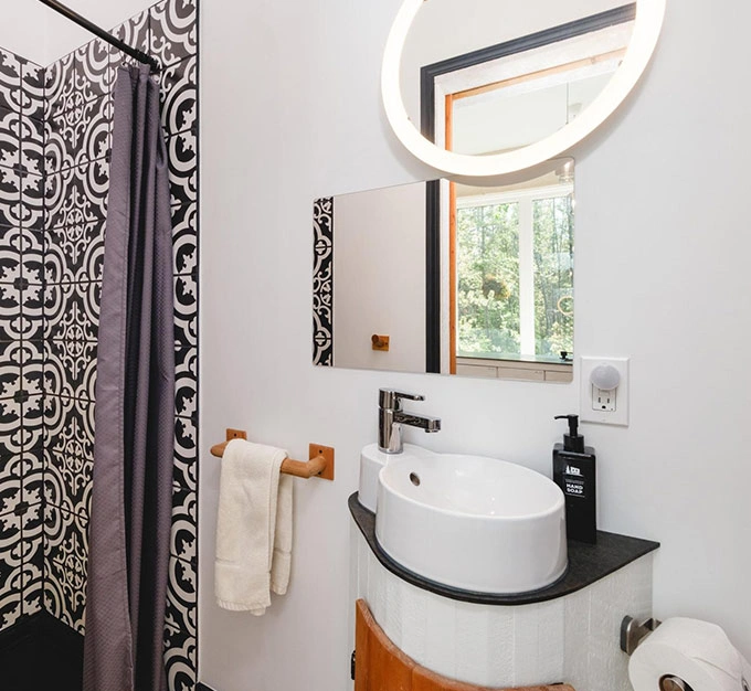 Green Door Bathroom with Walk-In Shower and Sink