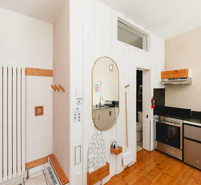 Orange Door Full Kitchen with Stove and Refrigerator