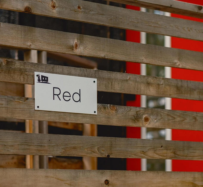 Red Cabin Sign and Entrance