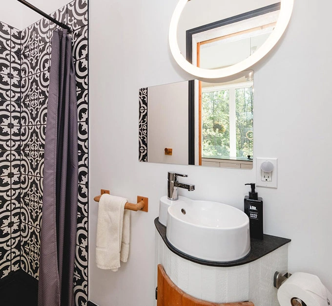 Red Door Bathroom with Walk-In Shower and Sink