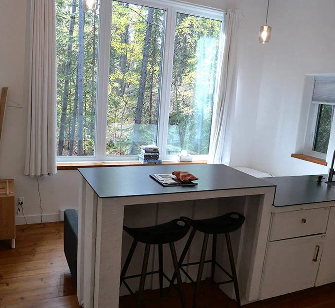 Red Door Kitchen with Forest View
