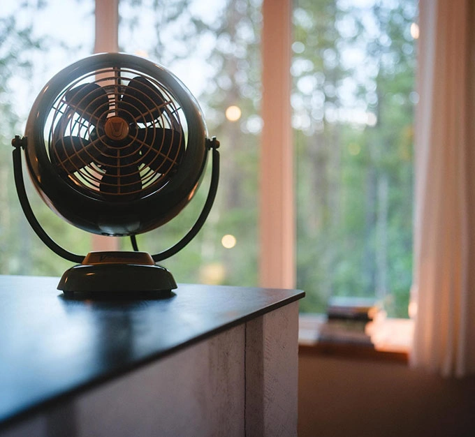Tabletop Fan by the Forest Window