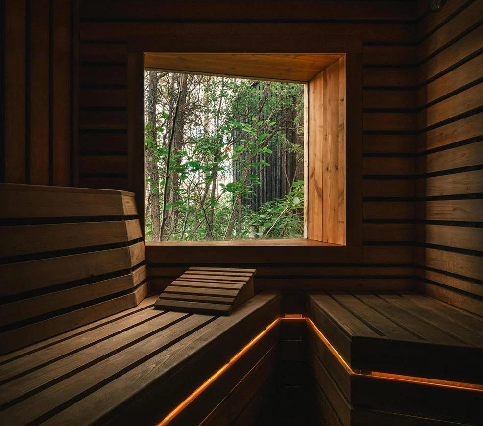 Cedar Sauna Benches with Forest View
