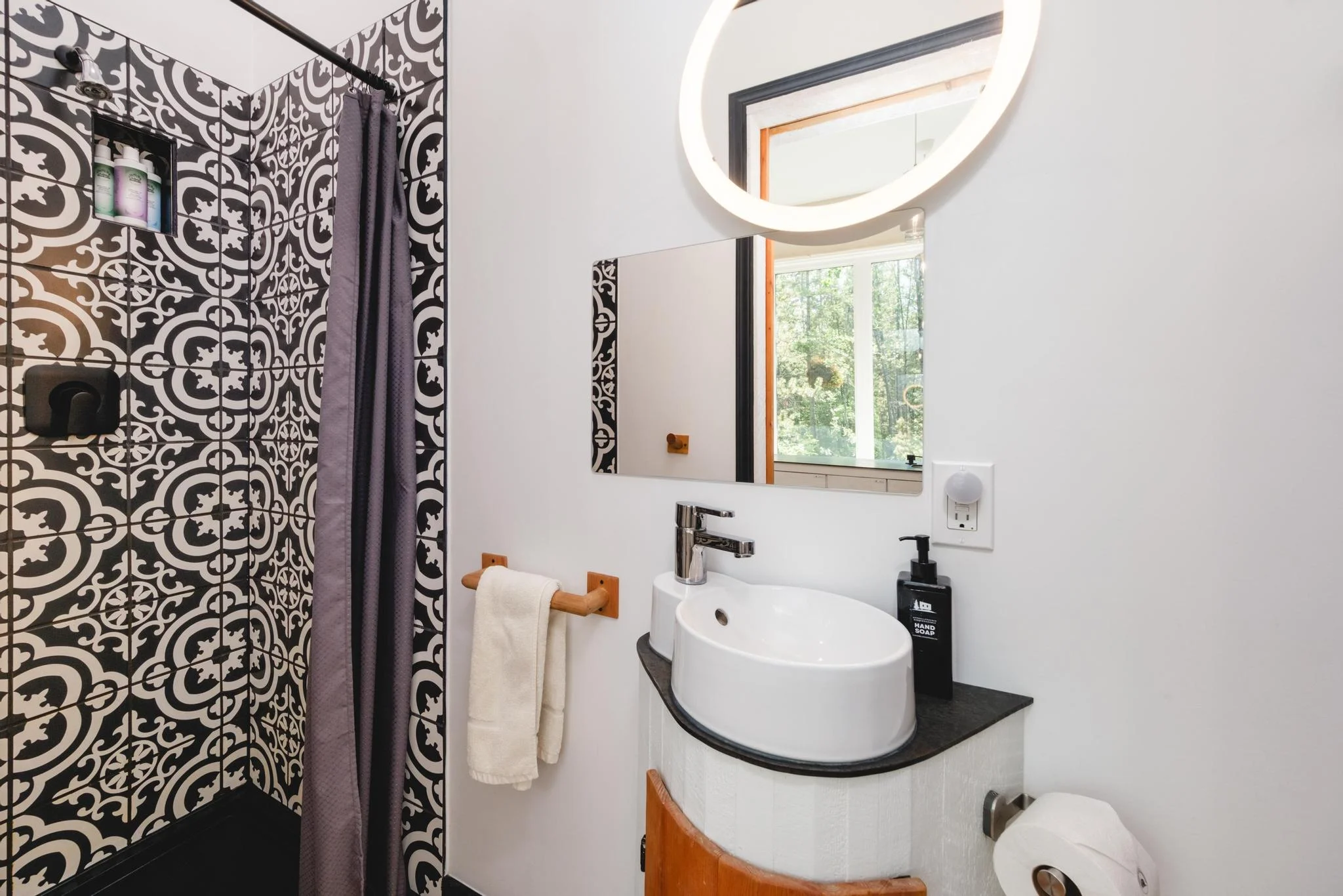 Green Door Bathroom with Walk-In Shower and Sink